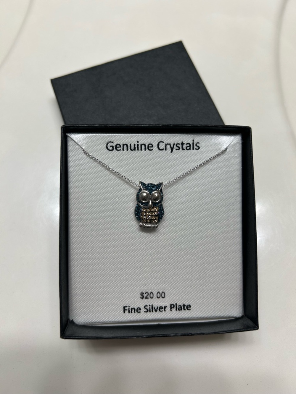 Owl Pendant Necklace with Genuine Crystals - Silver Plate, Blue Accent